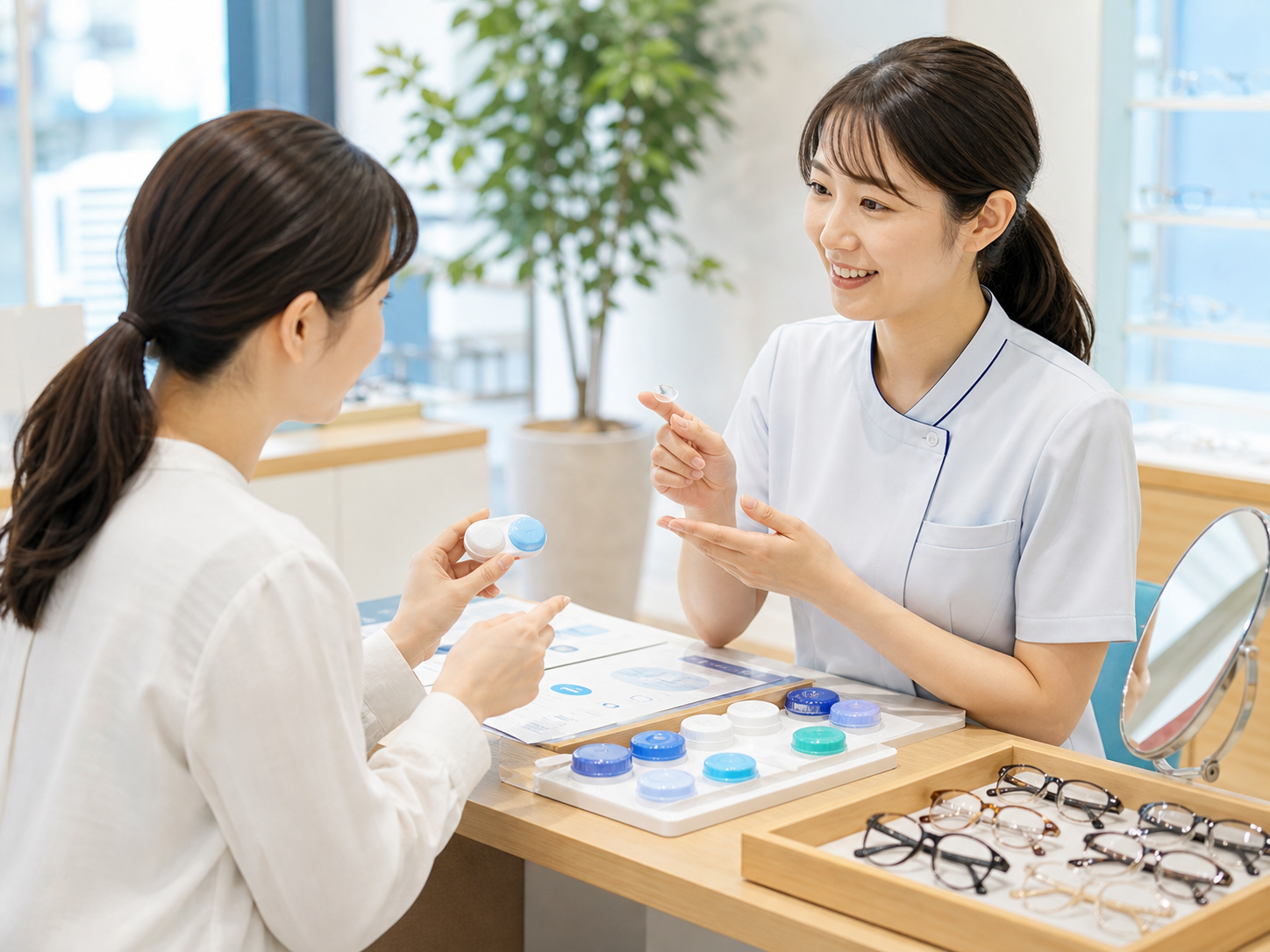 コンタクトレンズと眼鏡の相談をする写真風イラスト