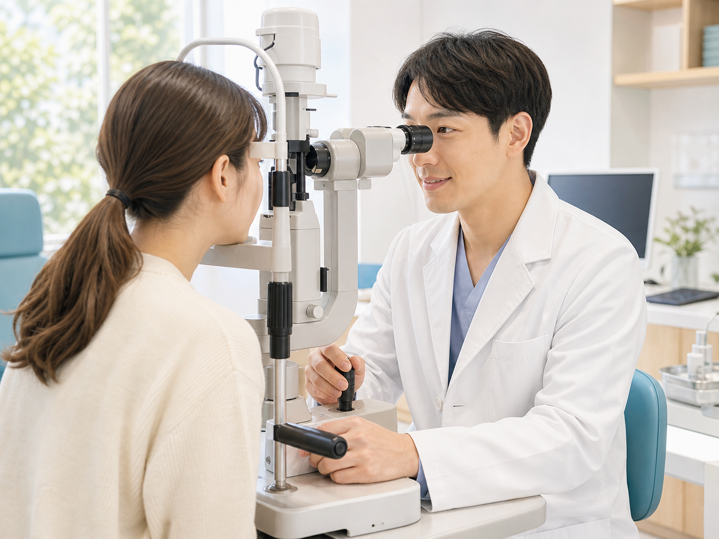 眼科で医師が患者さんに検査説明をしている写真風イラスト