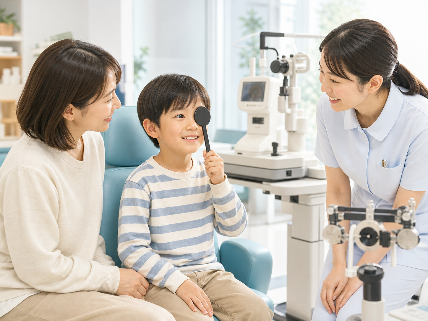 親子で視力チェックを受ける写真風イラスト
