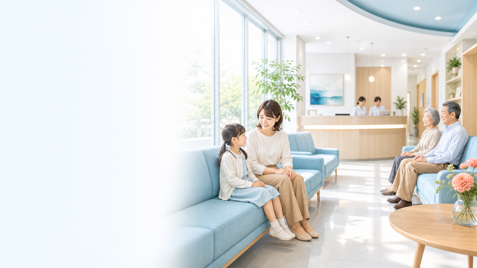 明るい眼科の待合室で親子や高齢の方が落ち着いて過ごしている写真風イラスト